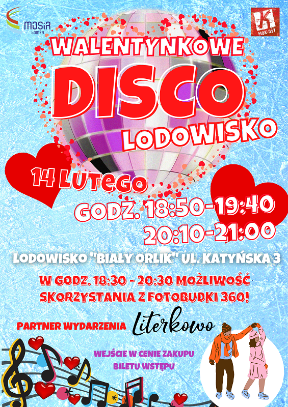 plakat zachęcający do udziału w walentynkowym disco lodowisko na lodowisku, kula dyskotekowa, serduszka, grafika tańczących na łyżwach mężczyzny i kobiety